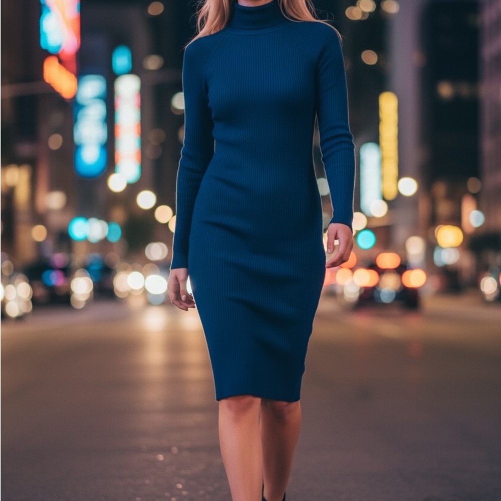 Marciano Long Sleeve Ribbed Knit Turtleneck Dress